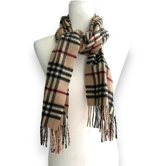 Burberry Cashmere Check Plaid Fringe Rectangle Classic Scarf Beige Tan Black Red - Picture 1 of 6